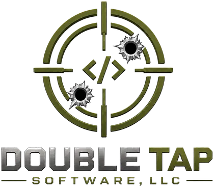 Double Tap Software, LLC: a crosshair with a code tag at its center and two bullet holes, over the company wordmark